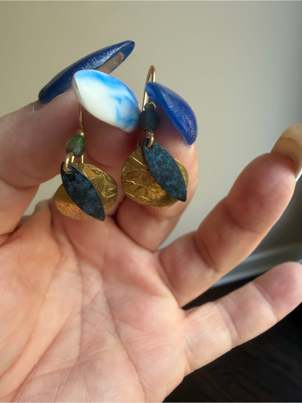 Blue and Gold-toned Leaf Drop Earrings